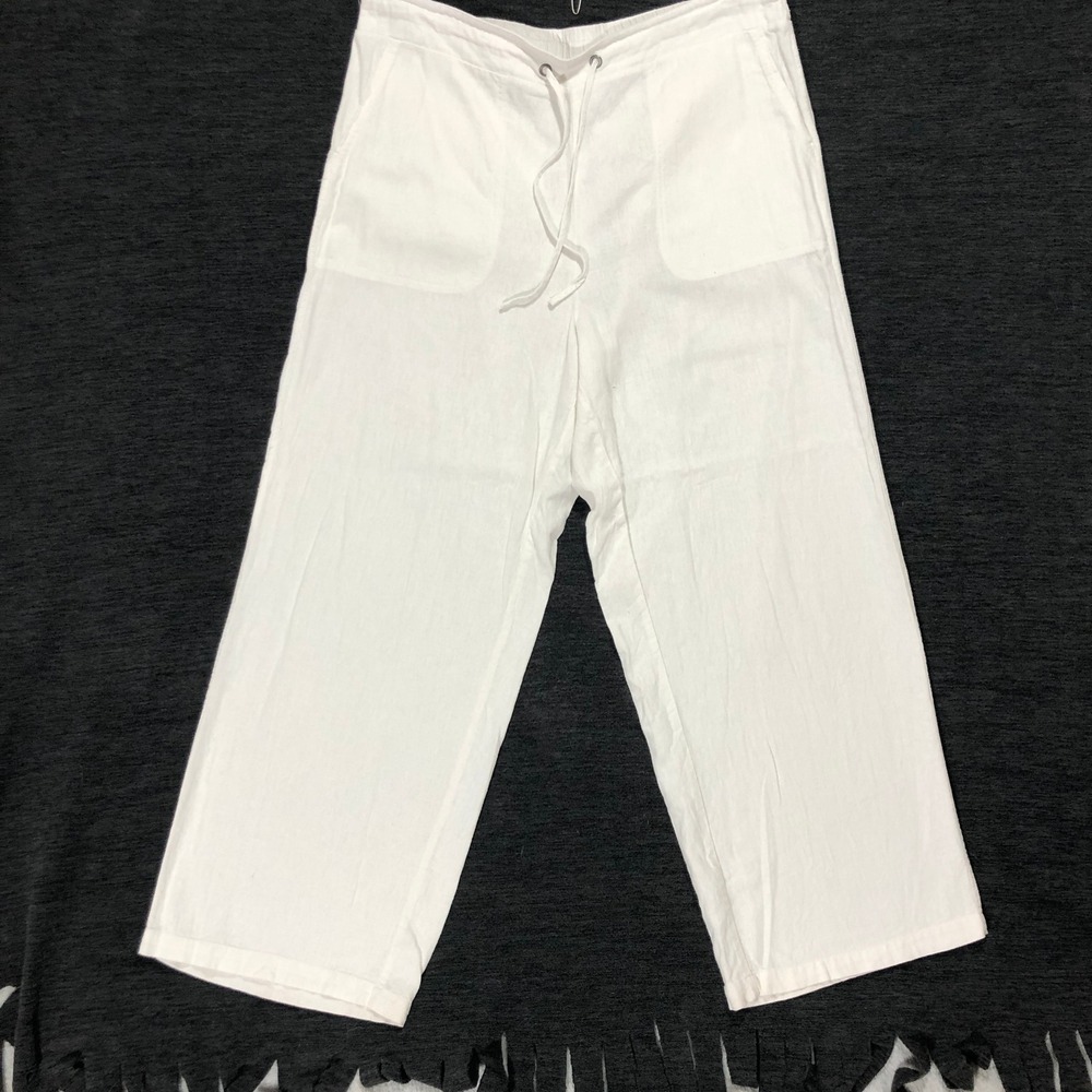 Westport Linen Blend Cropped Wide Leg Drawstring Pants White XL